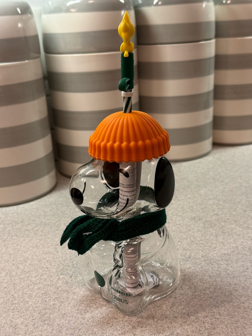 Starbucks Barista Snoopy glass with Orange Hat and Green Scarf